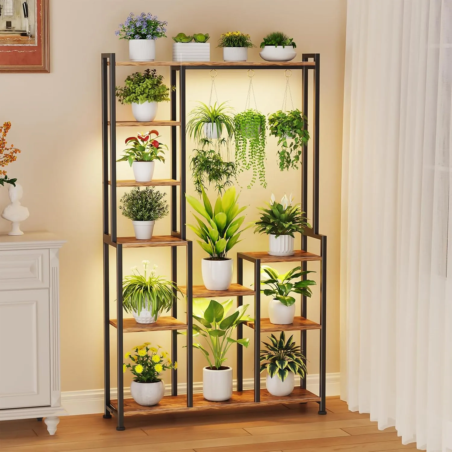 indoor plant stand with grow lights for Boston fern and houseplants