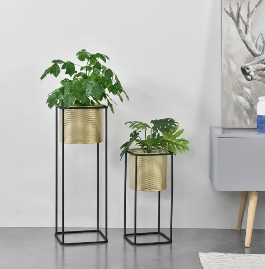 set of two Mettet metal plant stands in black and gold