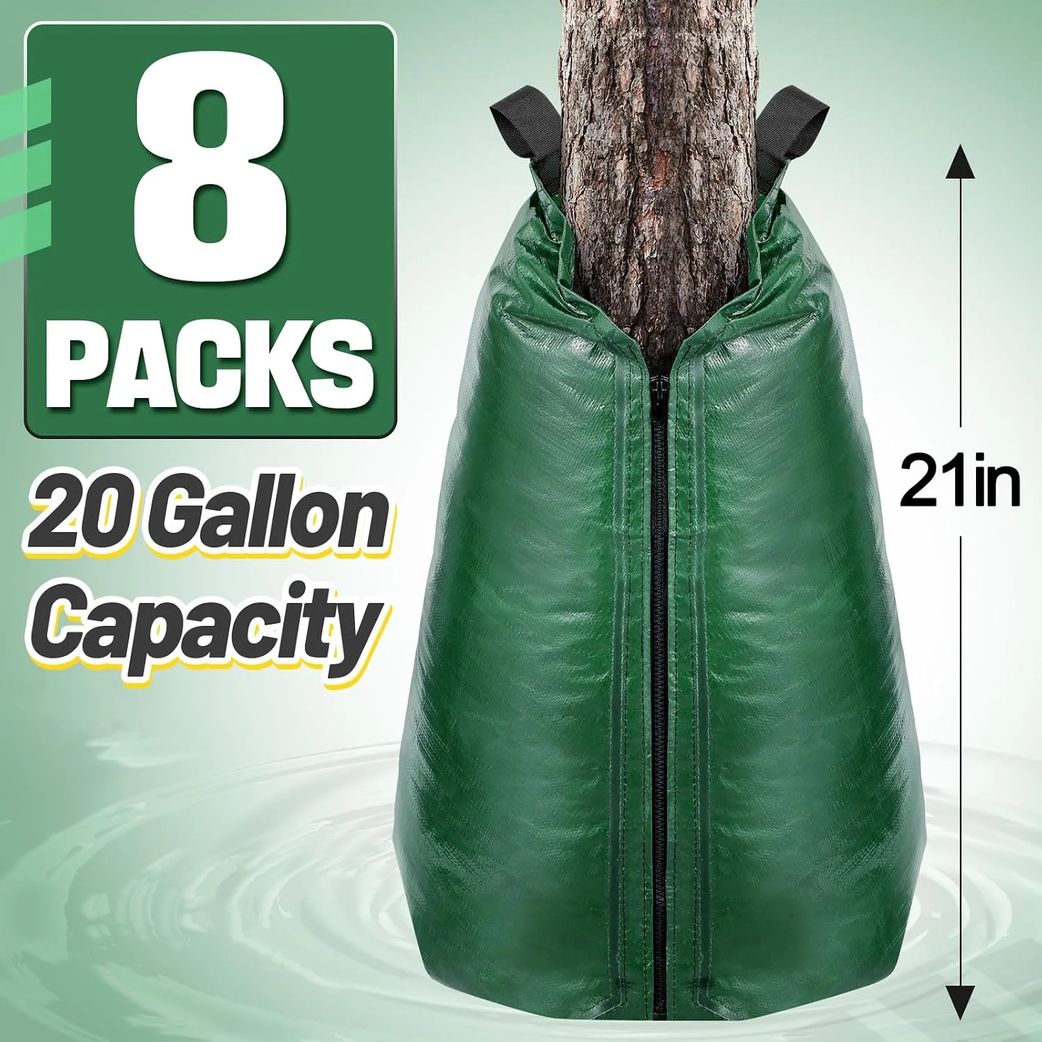 20-gallon slow-release watering bag around a young fruit tree trunk