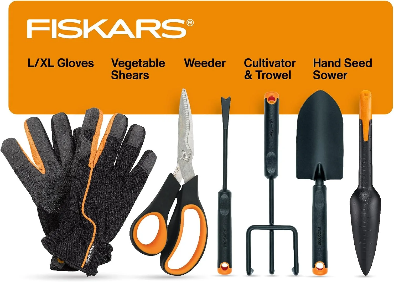 Fiskars six-piece gardening tool set with garden shears