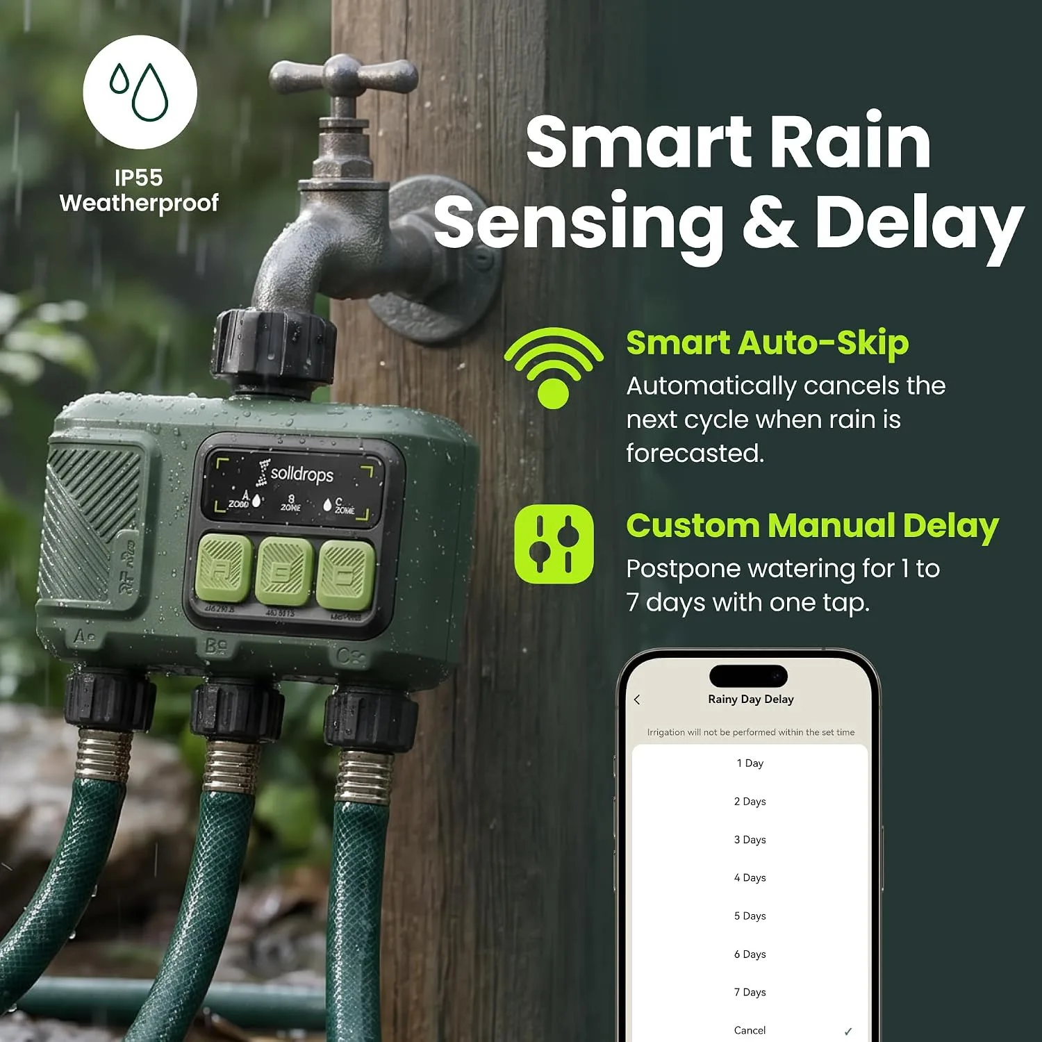 Soildrops smart irrigation controller with rain sensing for garden watering