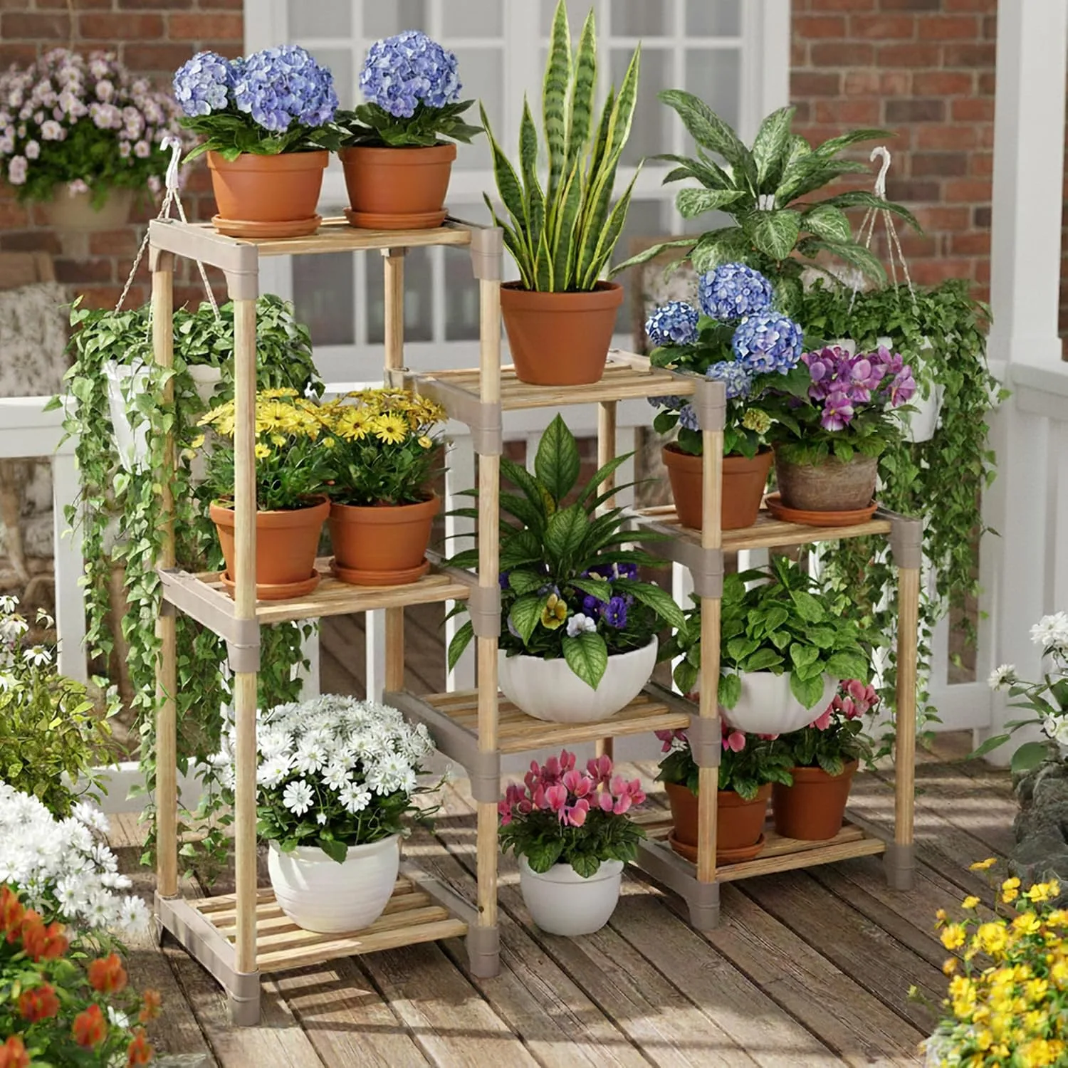 wood tiered plant stand for arranging indoor plants closer to natural light