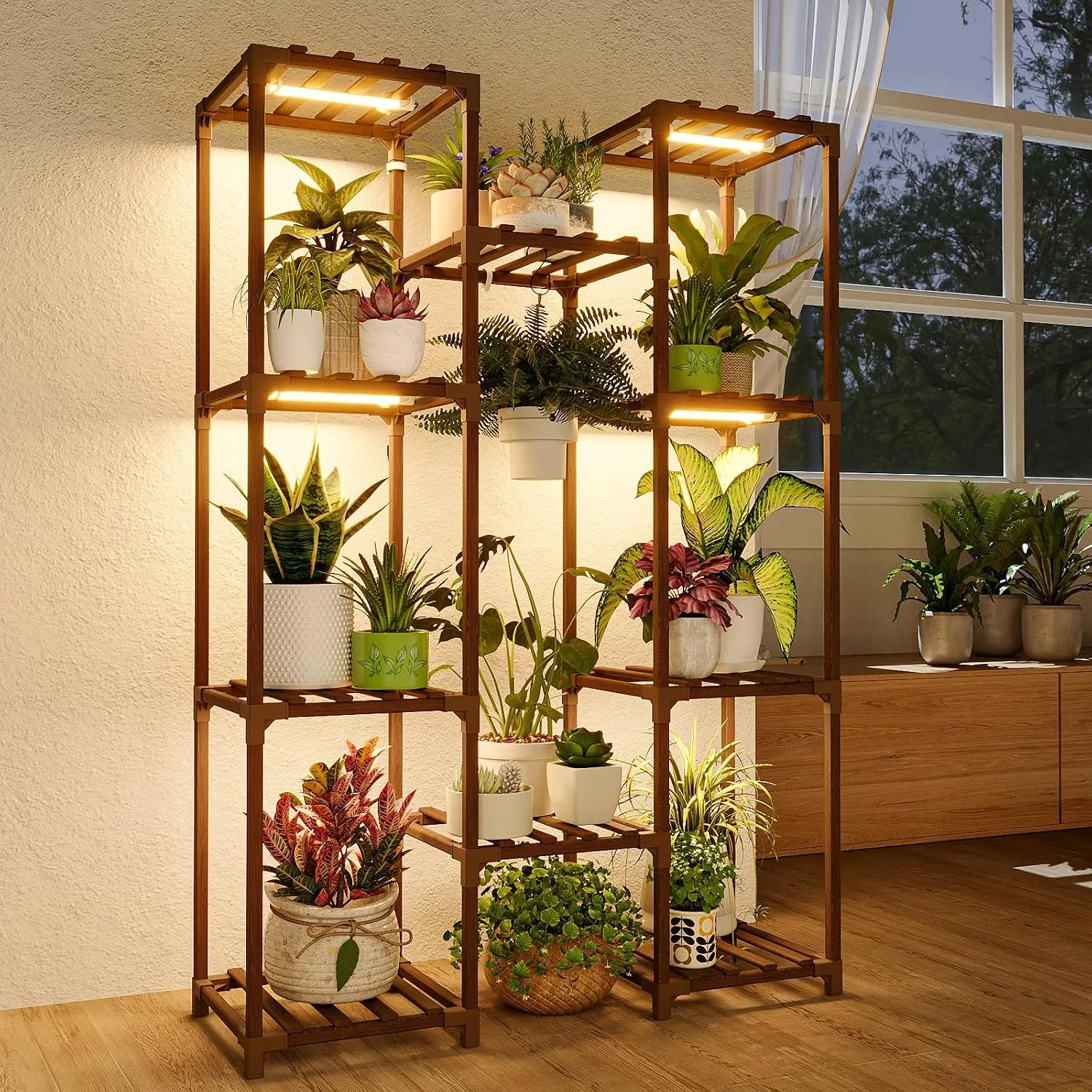 plant stand with integrated grow lights for indoor houseplants