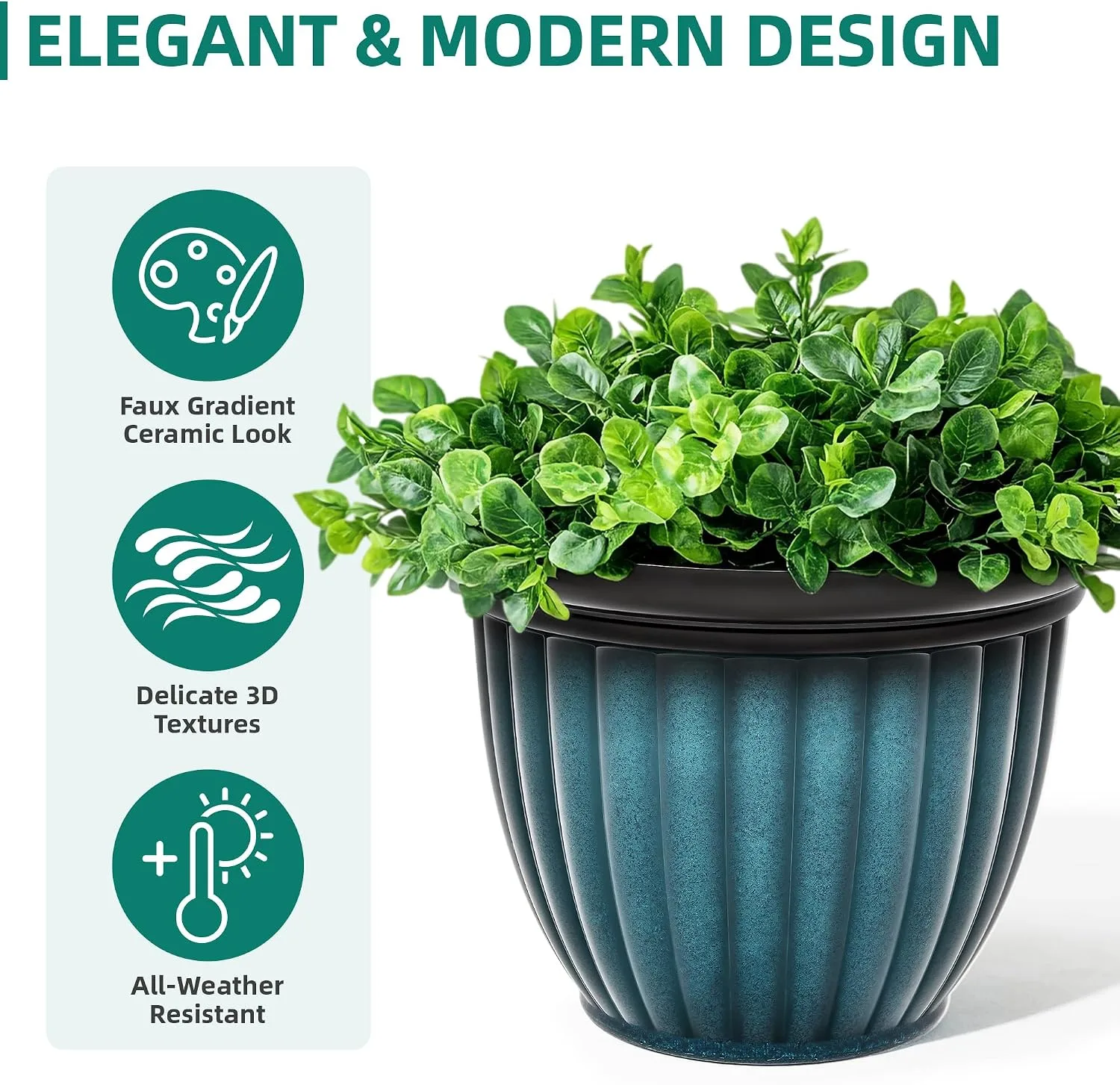 Large decorative outdoor flower pots planted with colorful flowers and herbs
