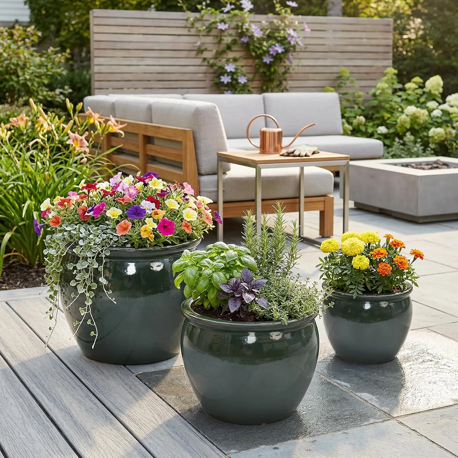 Set of three glossy blue green ceramic garden planters