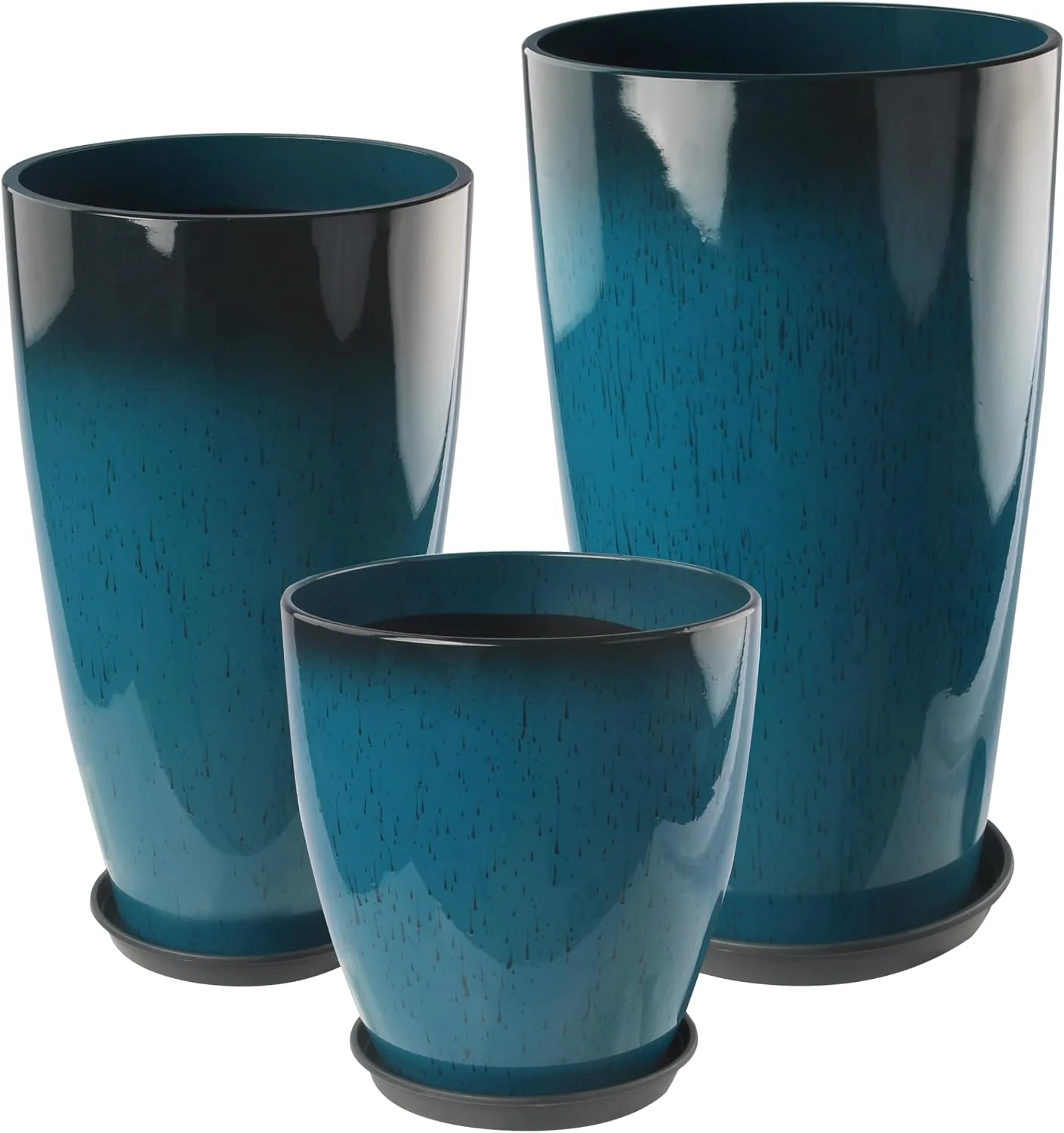 Three tall glossy blue outdoor planters in different sizes