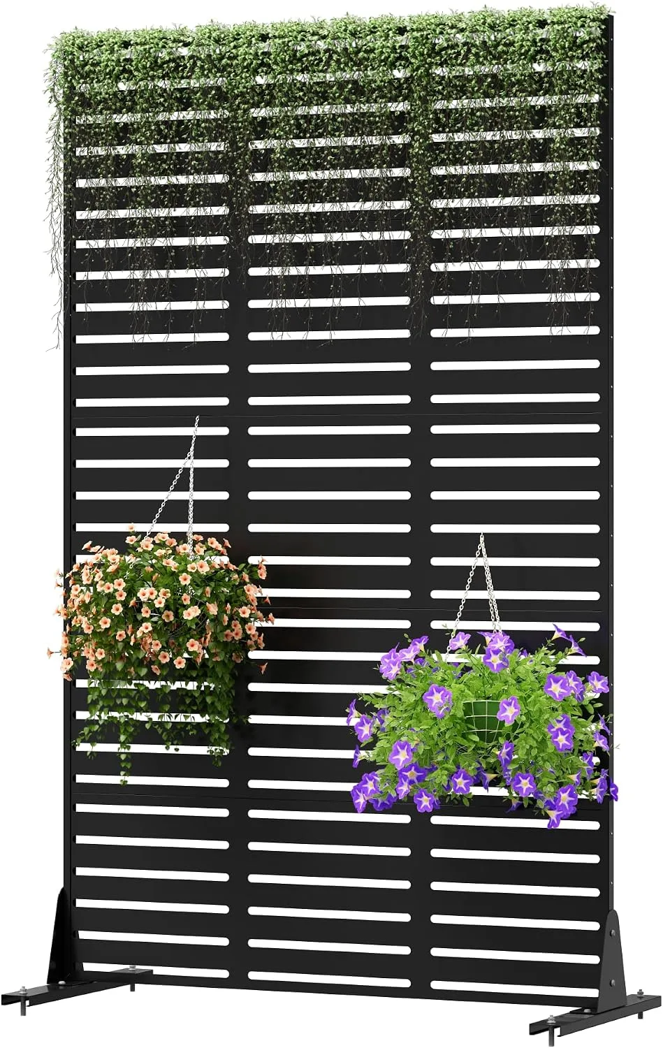 Black freestanding slatted privacy screen decorated with hanging and climbing plants