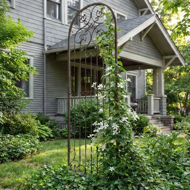 Tall decorative metal garden trellis supporting a climbing clematis