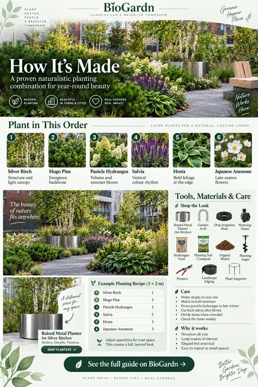 Naturalistic composition with birch, mugo pine, hydrangea, salvia, hosta and Japanese anemone