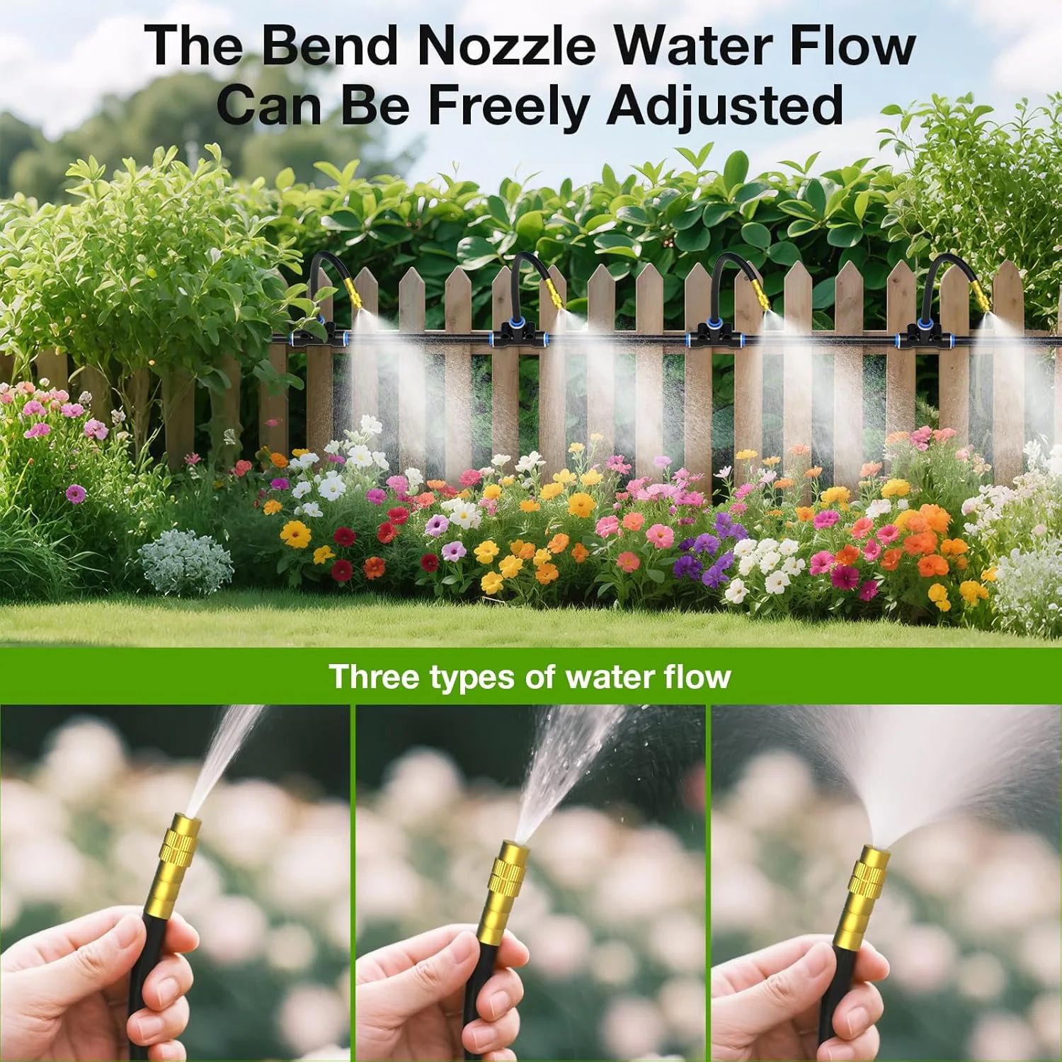 MIXC drip irrigation system watering flowers along a garden border
