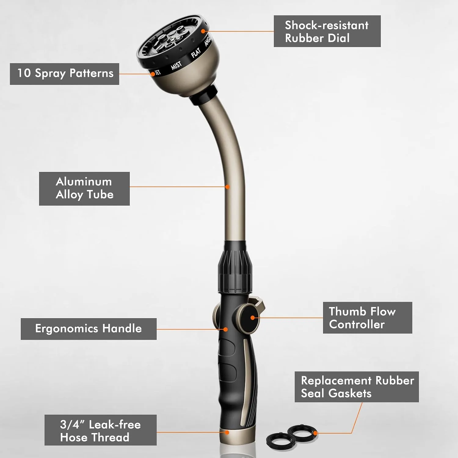 RESTMO garden watering wand with curved nozzle and adjustable spray patterns