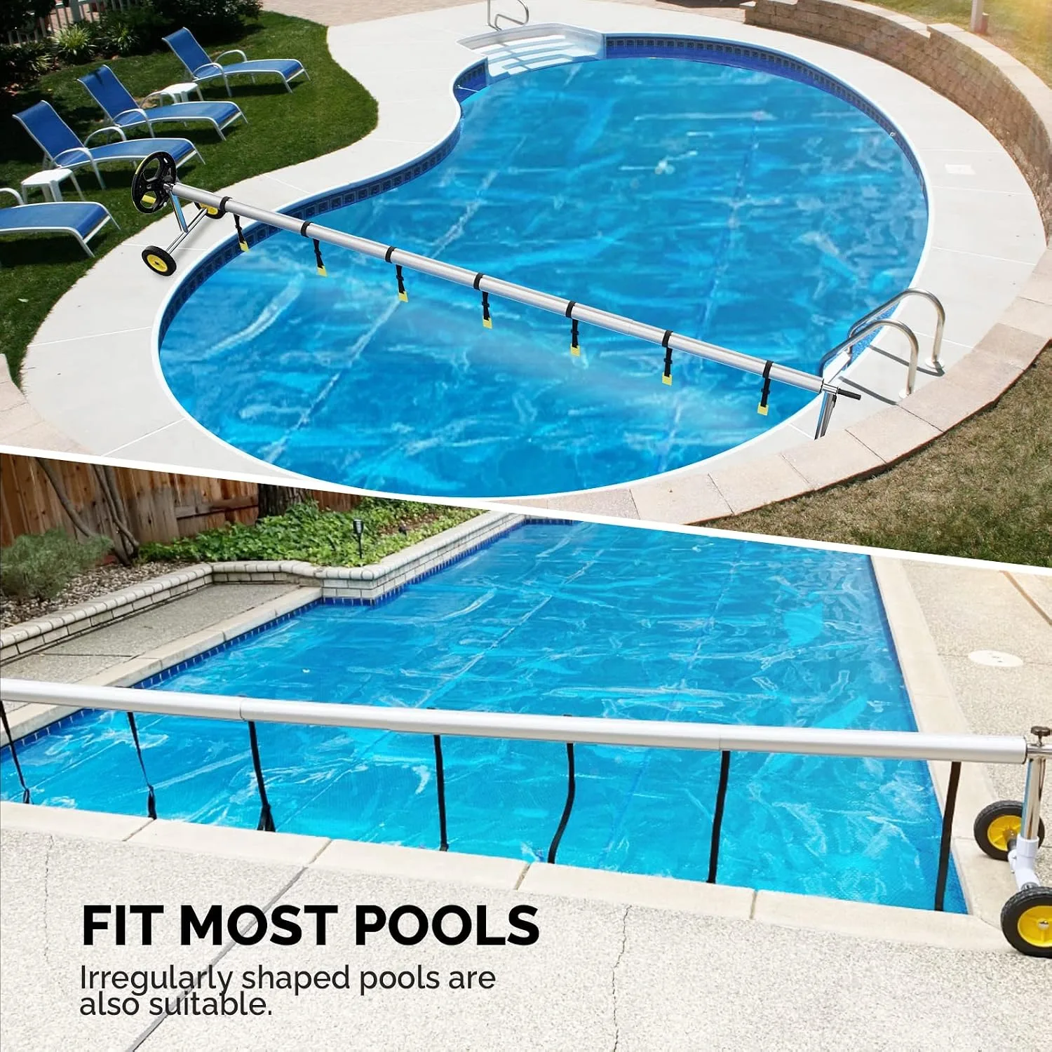VINGLI adjustable pool cover reel installed across an inground swimming pool