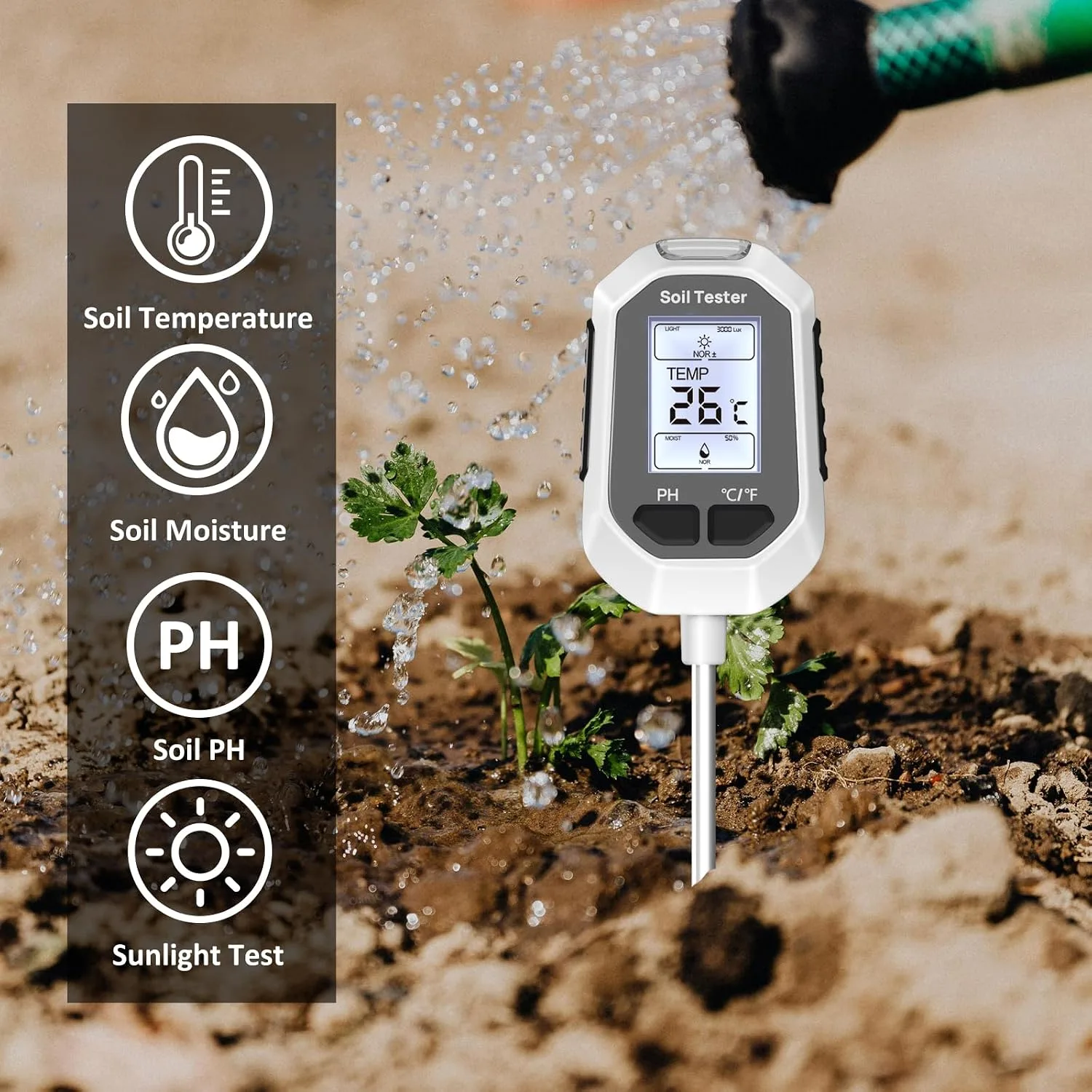 YAMRON digital soil tester measuring soil moisture temperature pH and sunlight
