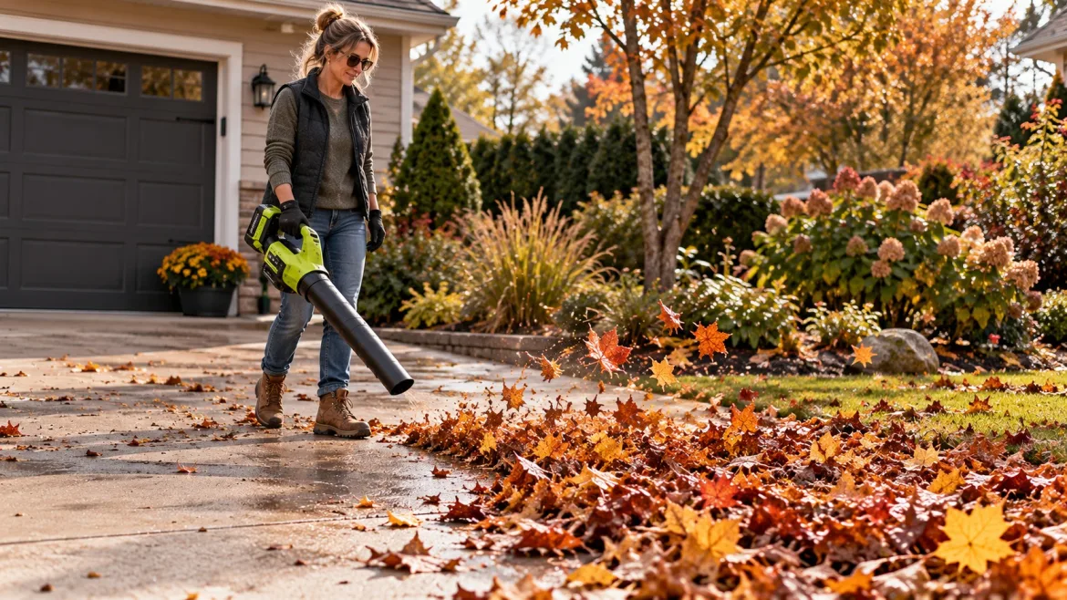 Budget cordless leaf blower clearing fall leaves from a suburban driveway