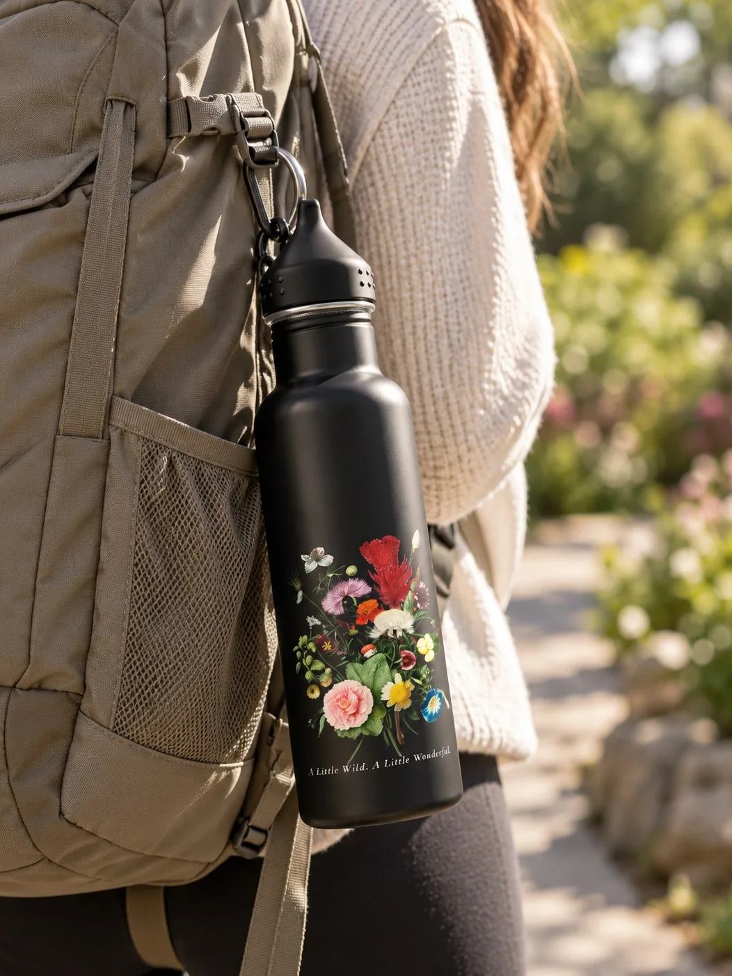 Black floral water bottle from BioGardn