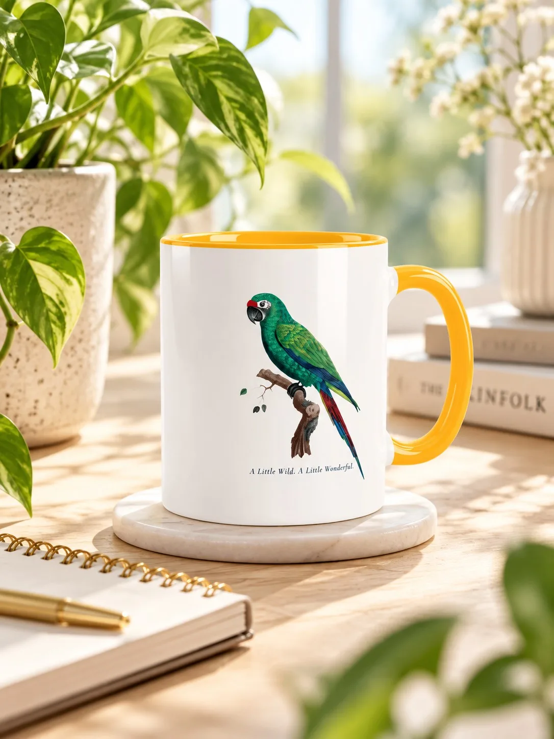 White parrot mug with yellow handle from BioGardn