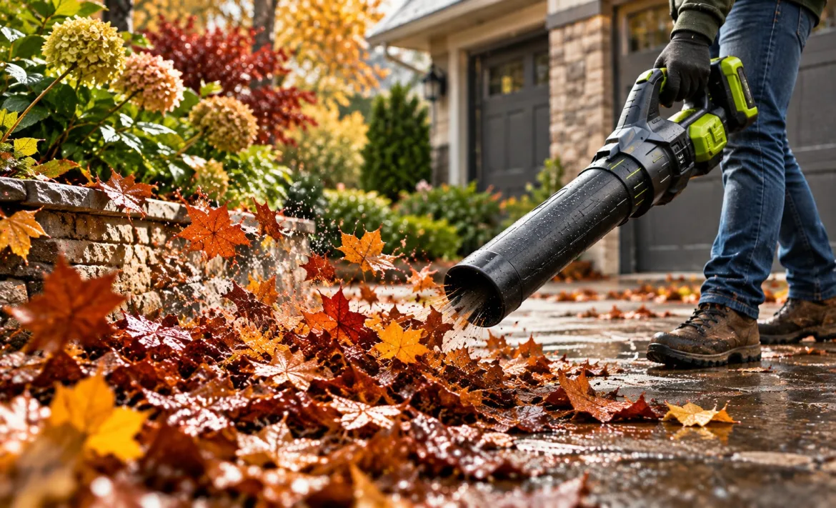 Cordless leaf blower clearing wet autumn leaves from a residential driveway
