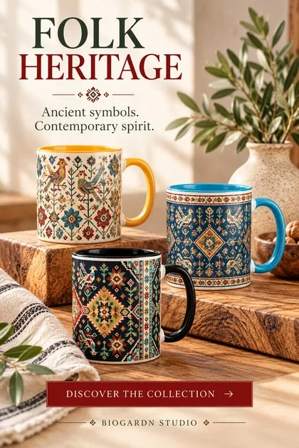 Folk Heritage Collection by BioGardn Studio – colorful folk art mugs inspired by traditional Bulgarian textile motifs